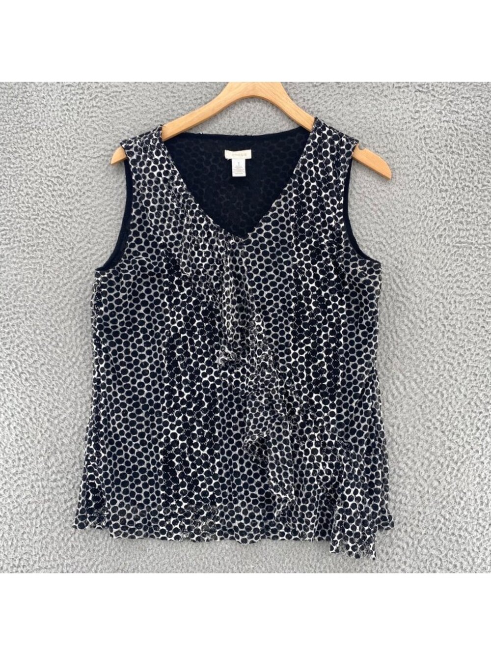 Chicos Top Womens 1 US Medium Black Polka Dot Ruffled Drape V Neck Sleeveless